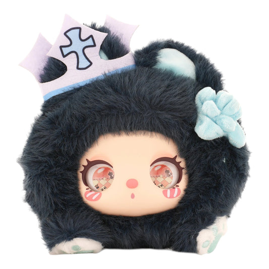 Baby Three Liila’s Marshmallow Bunny Bag Plush toy with black fur, white accents, and decorative elements on a white background
