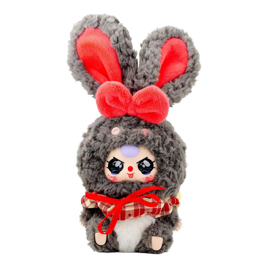Baby Three Lili Rabbit Town Plush – 35cm Collectible Rabbit Toy Plush toy with gray fur, red bow, and checkered scarf on a white background