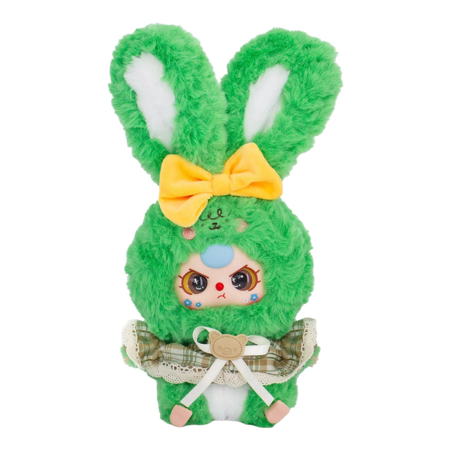 Baby Three Lili Rabbit Town Plush – 35cm Collectible Rabbit Toy Green plush toy with bunny ears and a yellow bow on a white background