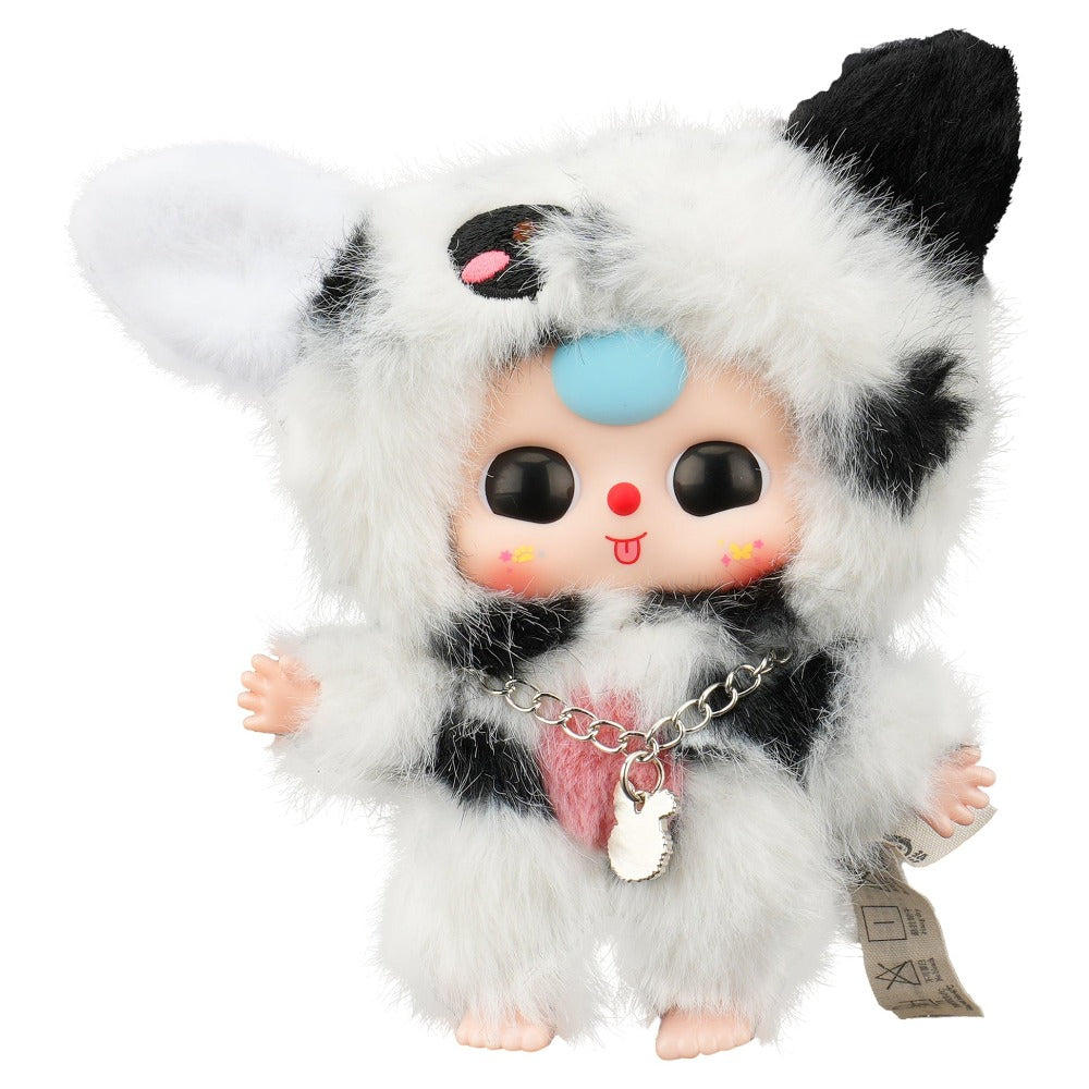 Plush toy with a black and white fur coat and blue nose on a white background