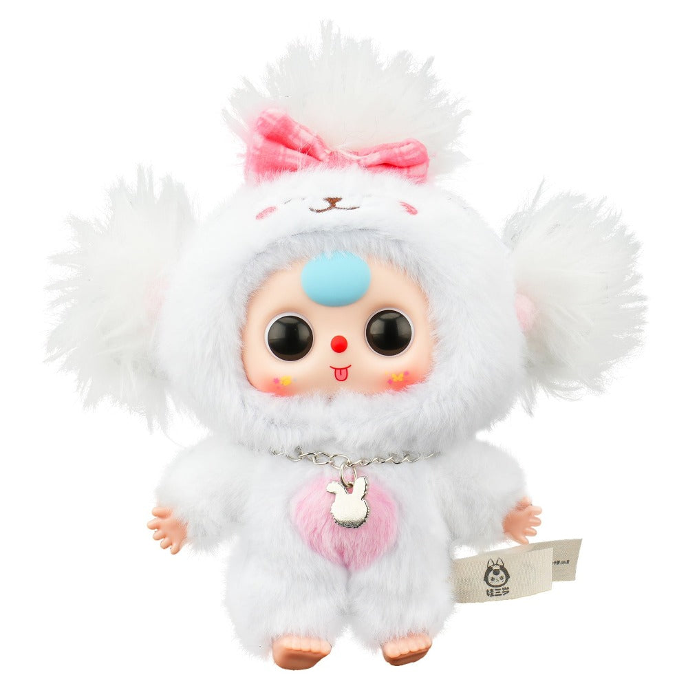 Plush toy with white fur, pink bow, and blue nose on a white background