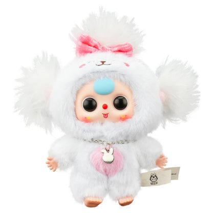 Plush toy with white fur, pink bow, and blue nose on a white background