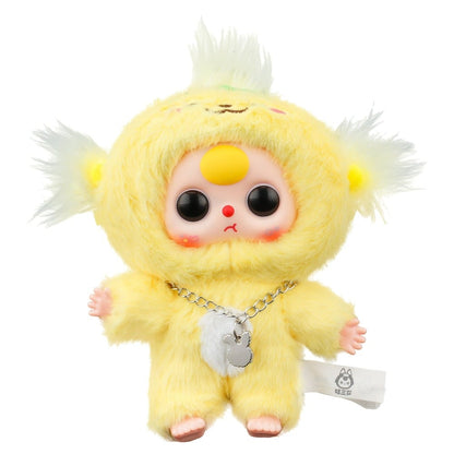 Yellow plush toy with a fluffy head and tag on a white background