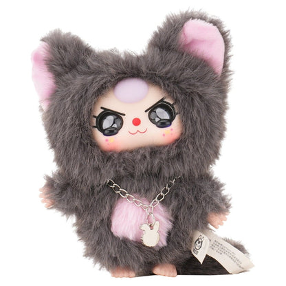 Plush toy with cat ears and a small bag on a white background