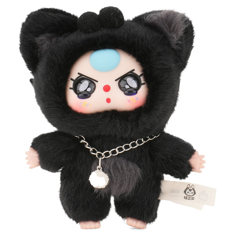 Black plush toy with a cute face design on a white background