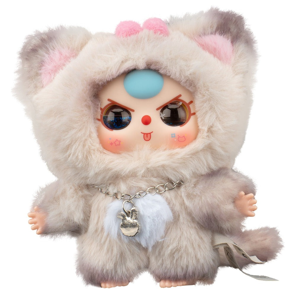 Plush toy with a character face, wearing a fluffy gray outfit on a white background