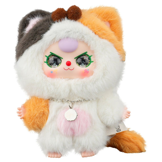 Plush toy with a cute face and colorful fur on a white background