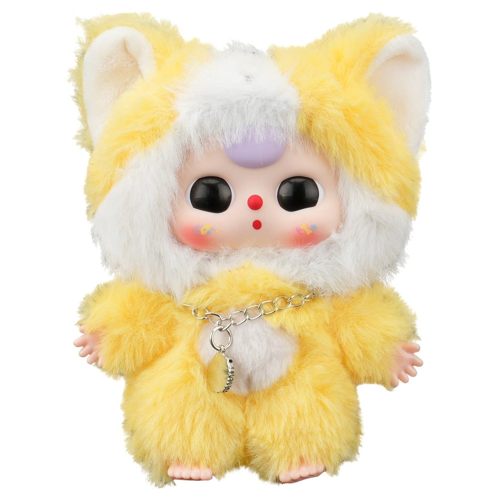 Plush toy with yellow and white fur on a white background