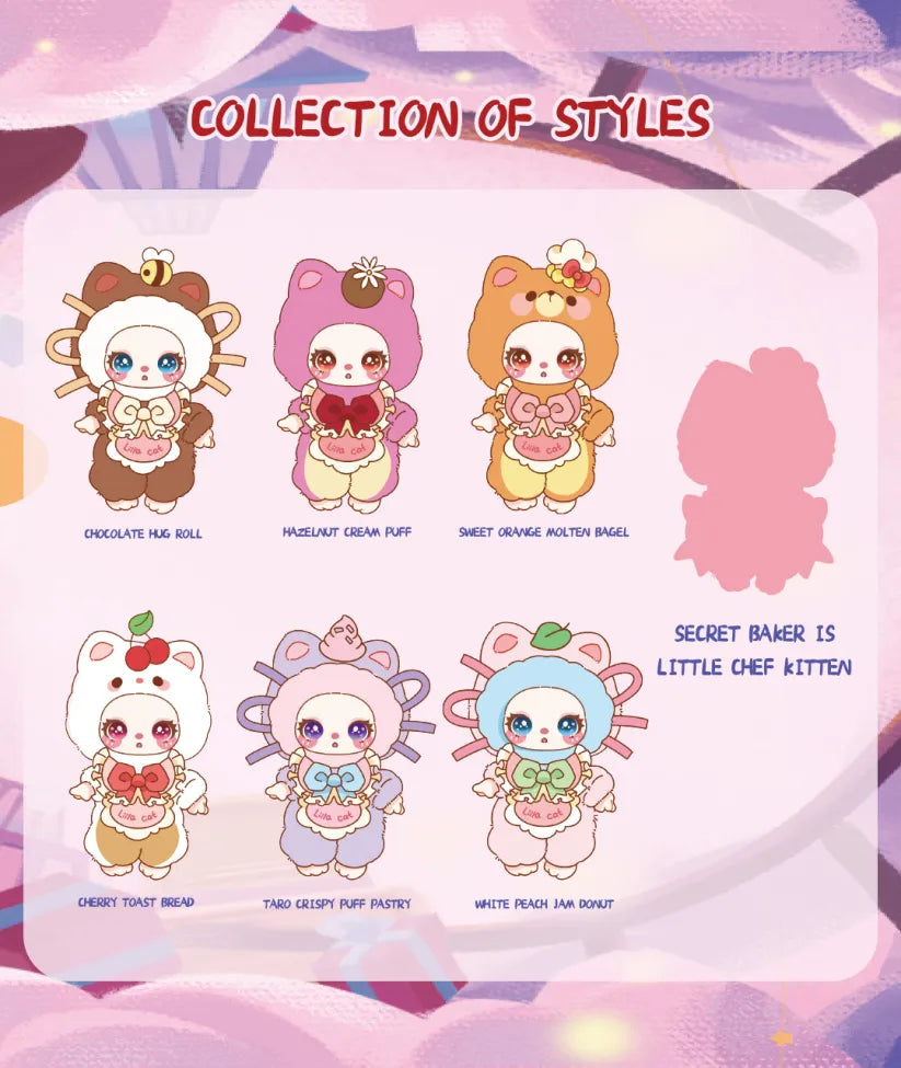 Set of 7 Baby Three Liila Kitten V4 character illustrations with a pink and purple background, labeled 'Collection of Styles'.