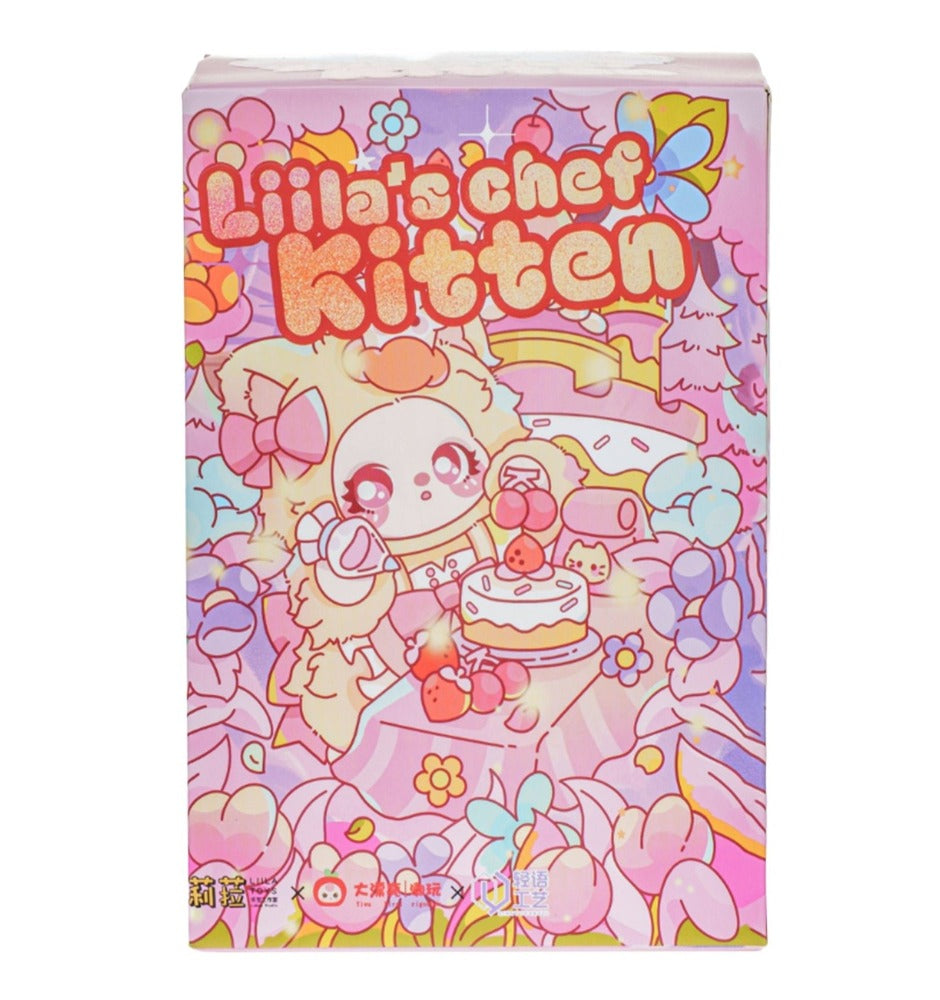 Colorful packaging of 'Lillia's Chef Kitten' with a cartoon cat character on a pink background.