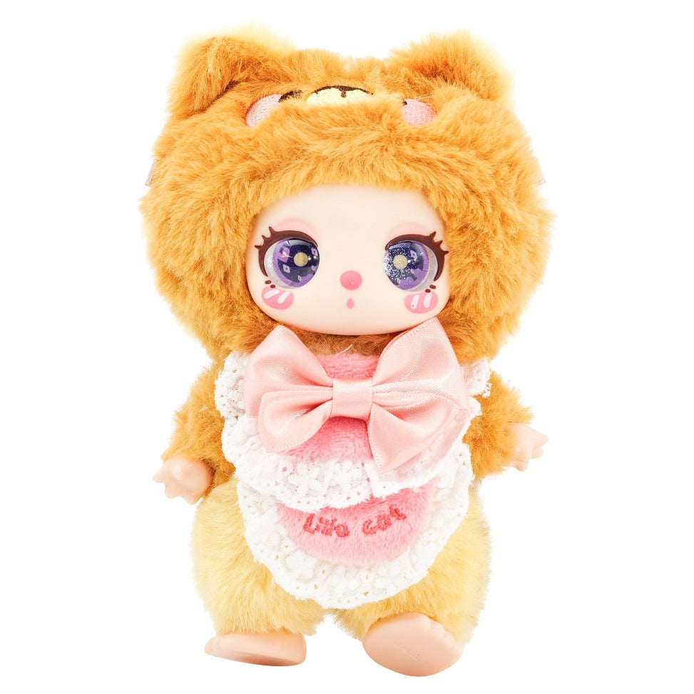 Plush toy with cat-like design wearing a pink outfit with a bow on a white background
