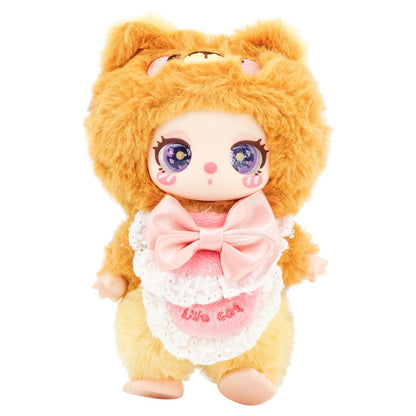 Plush toy with cat-like design wearing a pink outfit with a bow on a white background