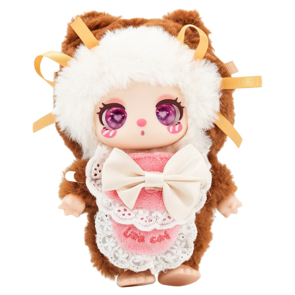 Toy figure with brown fur, white headband, and pink outfit on a white background