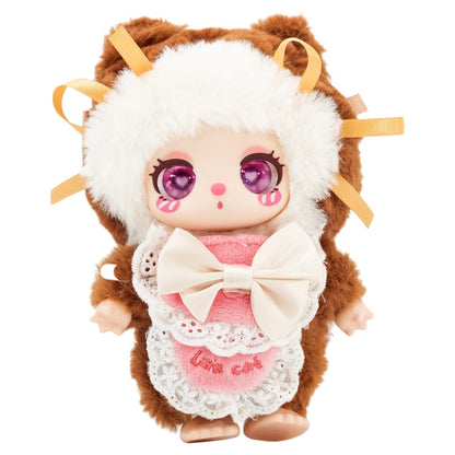 Toy figure with brown fur, white headband, and pink outfit on a white background