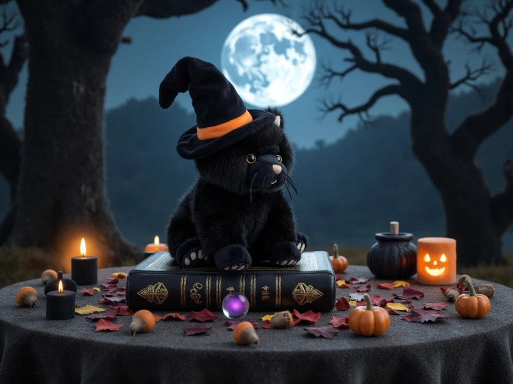 Bukowski Bears Bambo Black Cat plush sitting upright featuring soft midnight-black fur, golden eyes, and a tall black witch hat with an orange band.
