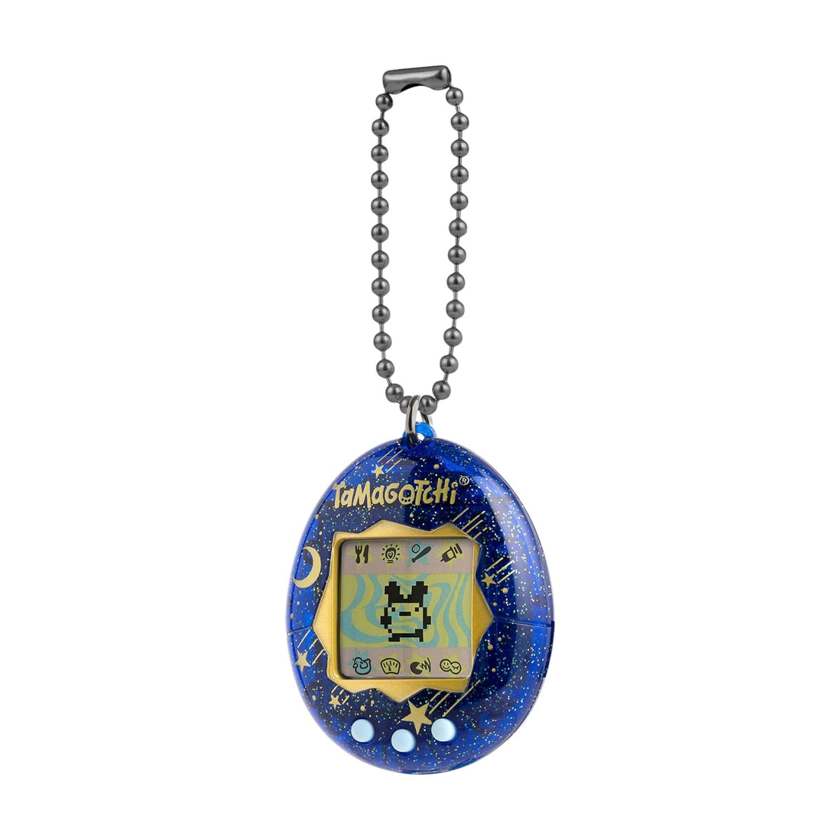 A Tamagotchi handheld electronic pet toy keychain in a deep blue space theme with gold glitter stars, attached to a silver ball chain, shown on a solid white background.