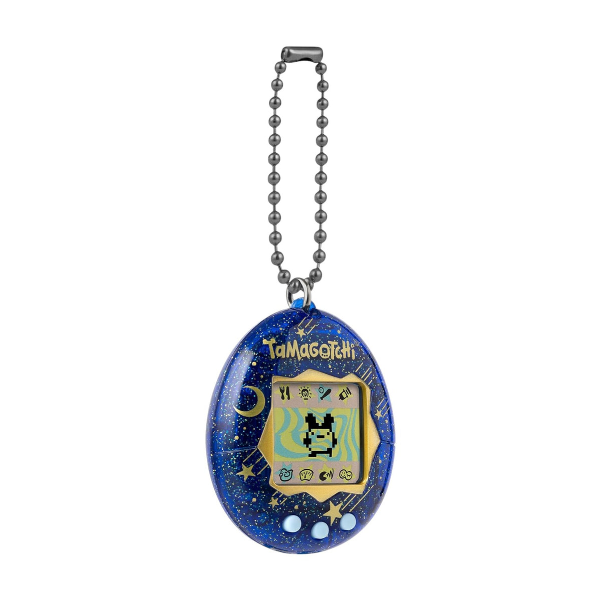 A Tamagotchi digital pet toy keychain featuring a blue space-themed face with gold stars, a gold screen border, and a silver ball chain, shown against a plain white background.