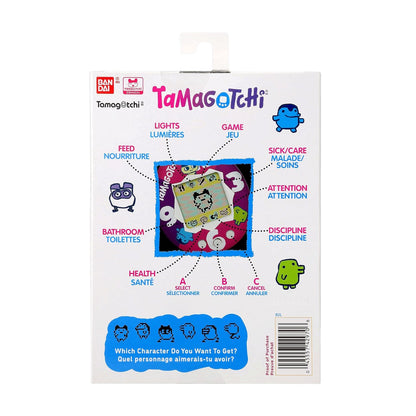 Front of the Tamagotchi retail box on a plain white background, showing the product branding, character illustrations, and a central card graphic.