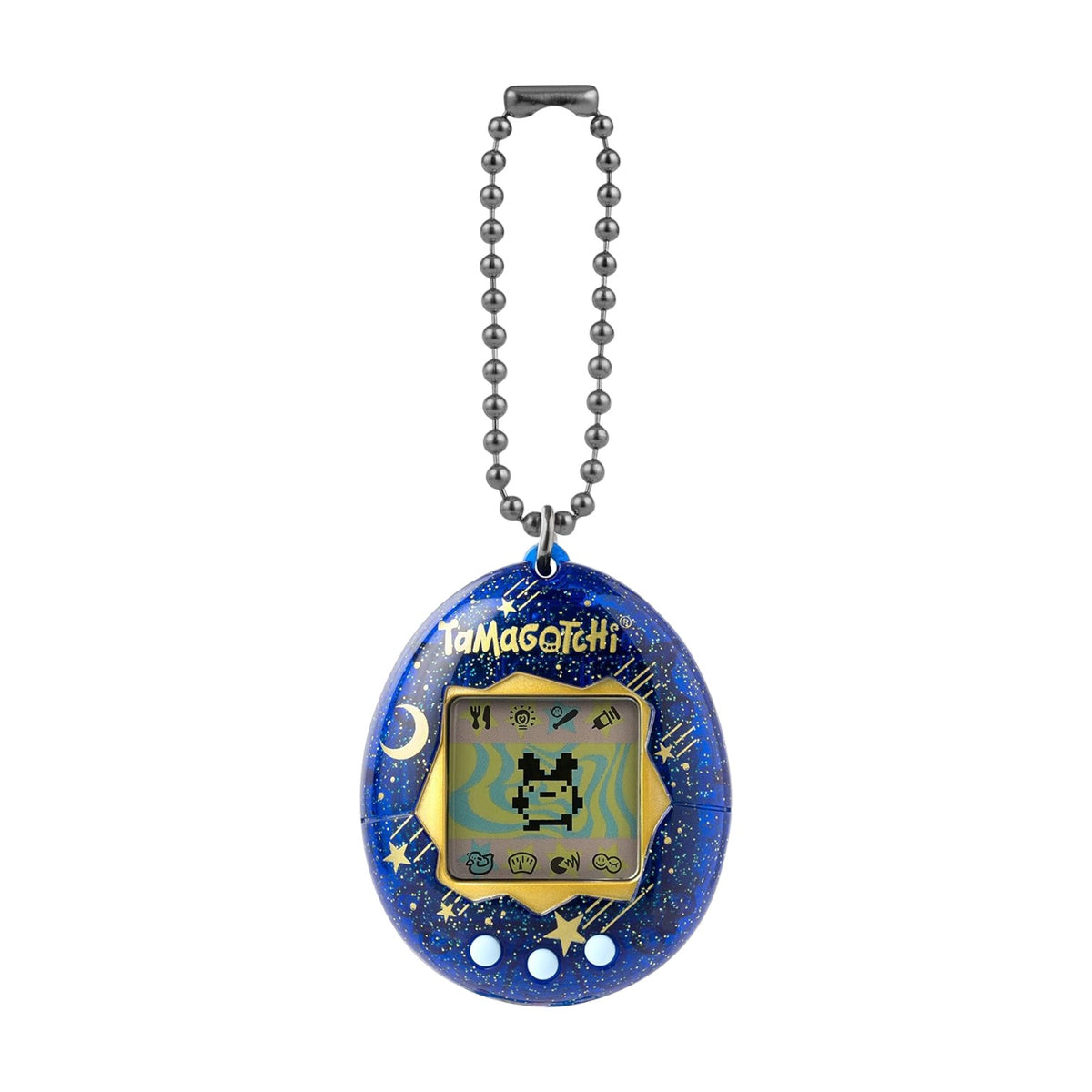 A Tamagotchi handheld electronic pet toy keychain, featuring a blue starry shell with gold stars and the Tamagotchi logo, attached to a silver ball chain.