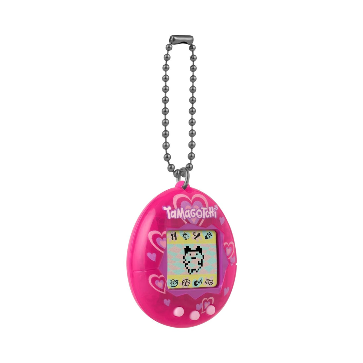 A pink Tamagotchi handheld pet toy with a matching metal ball chain, shown against a plain white background.