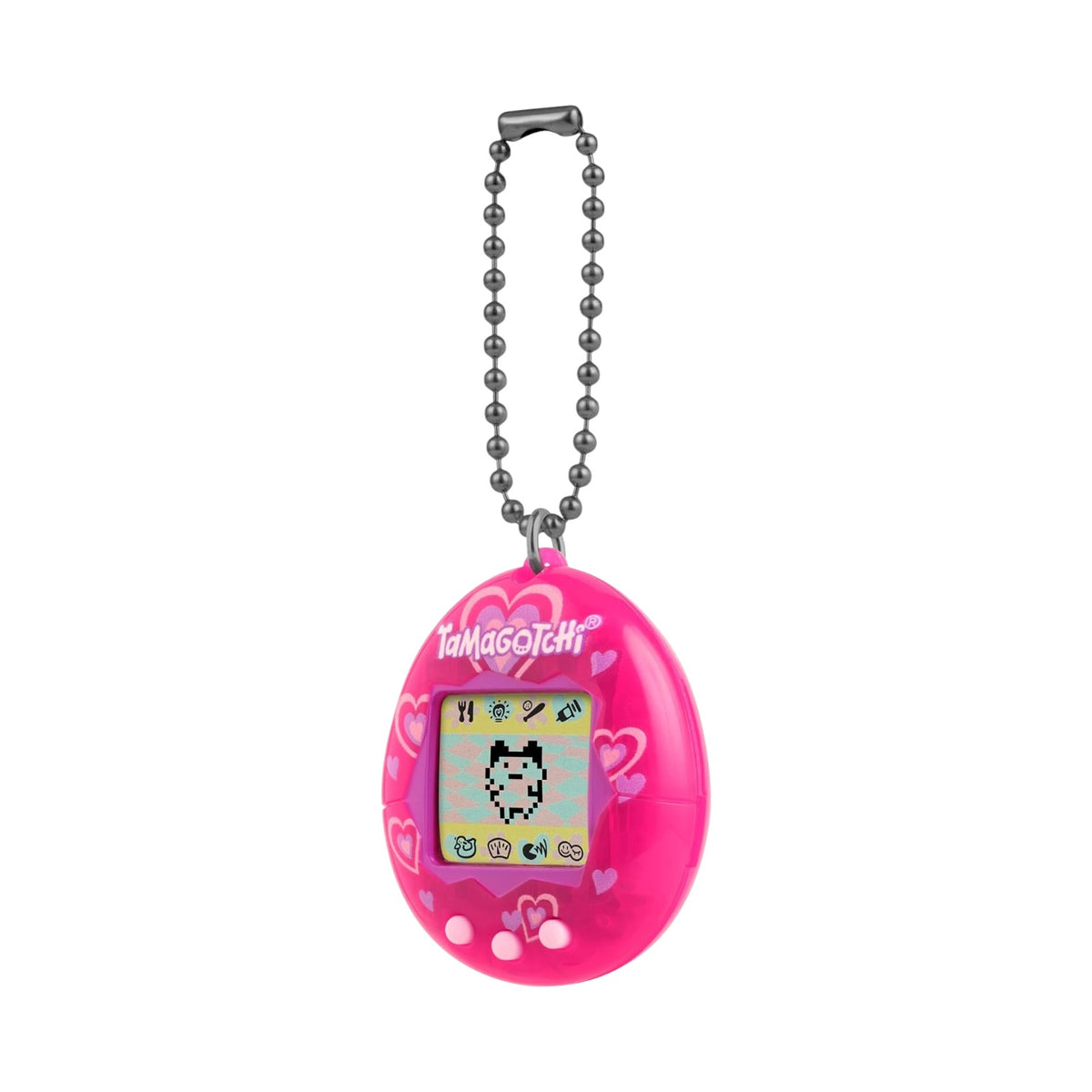 A pink Tamagotchi handheld electronic pet toy with a matching ball chain keychain, shown against a plain white background.