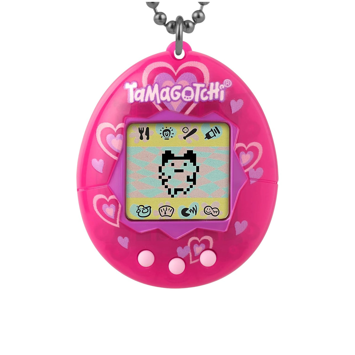 A pink Tamagotchi handheld electronic pet toy pendant with a silver ball chain, featuring heart patterns and a pixelated screen on a white background.