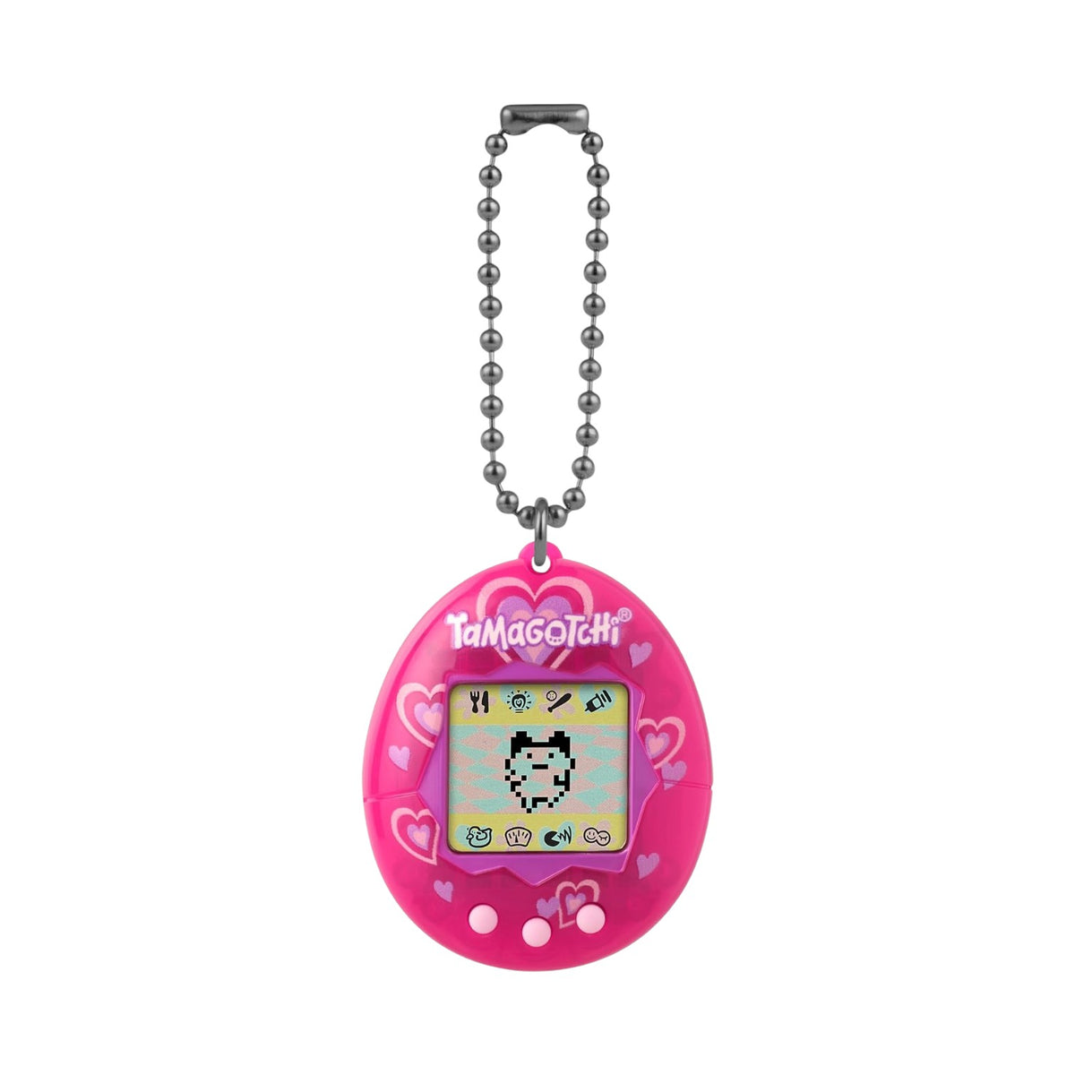 A pink Tamagotchi digital pet keychain with a silver ball chain, shown against a plain white background.