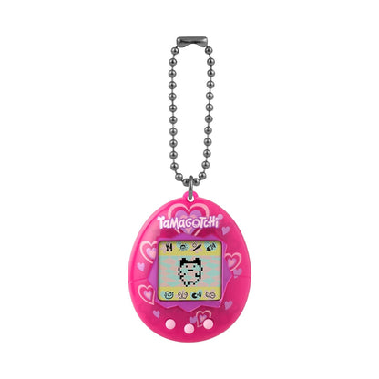 A pink Tamagotchi digital pet keychain with a silver ball chain, shown against a plain white background.