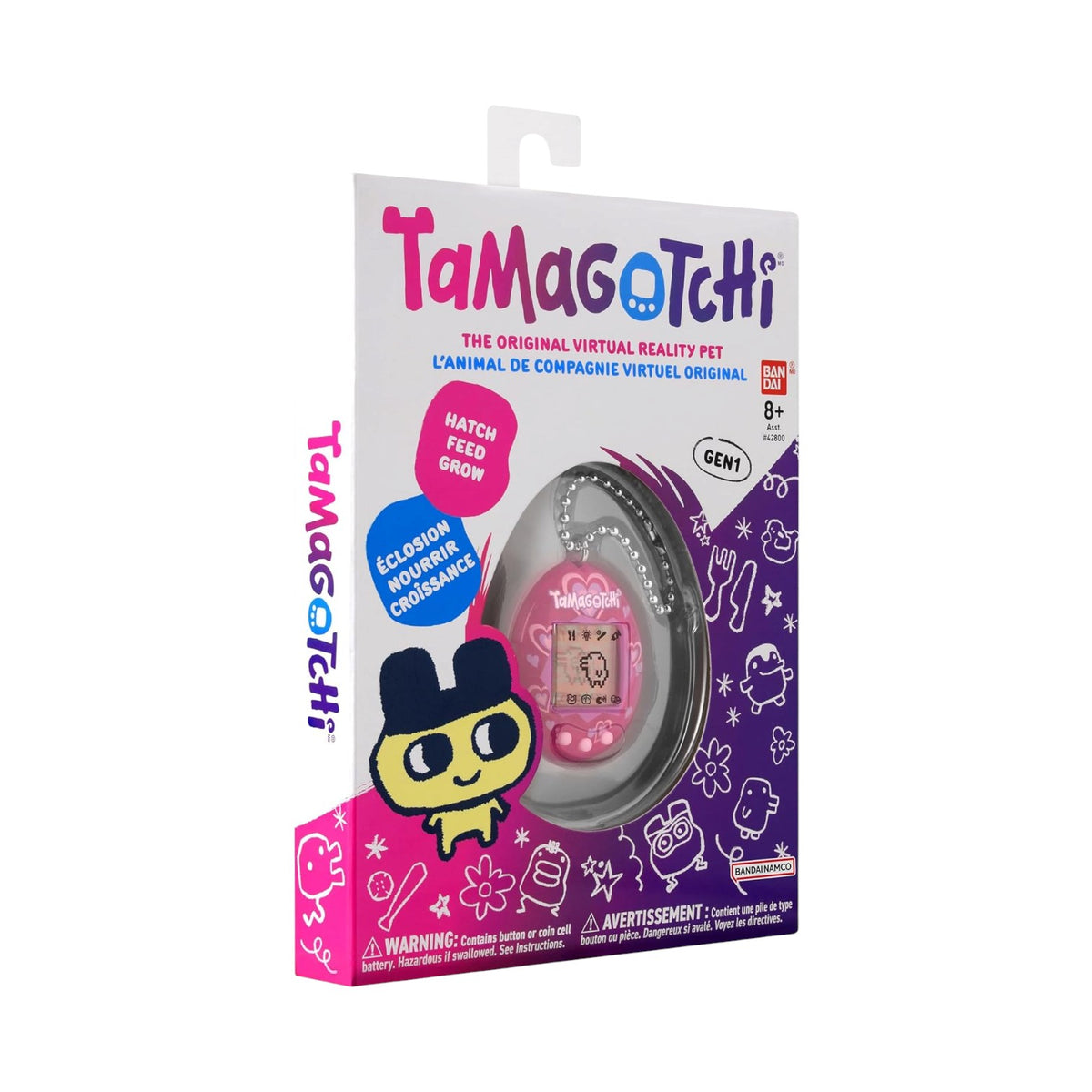 Tamagotchi original virtual reality pet toy in its original retail packaging, featuring a pink handheld device visible through a clear window on a white and purple box.