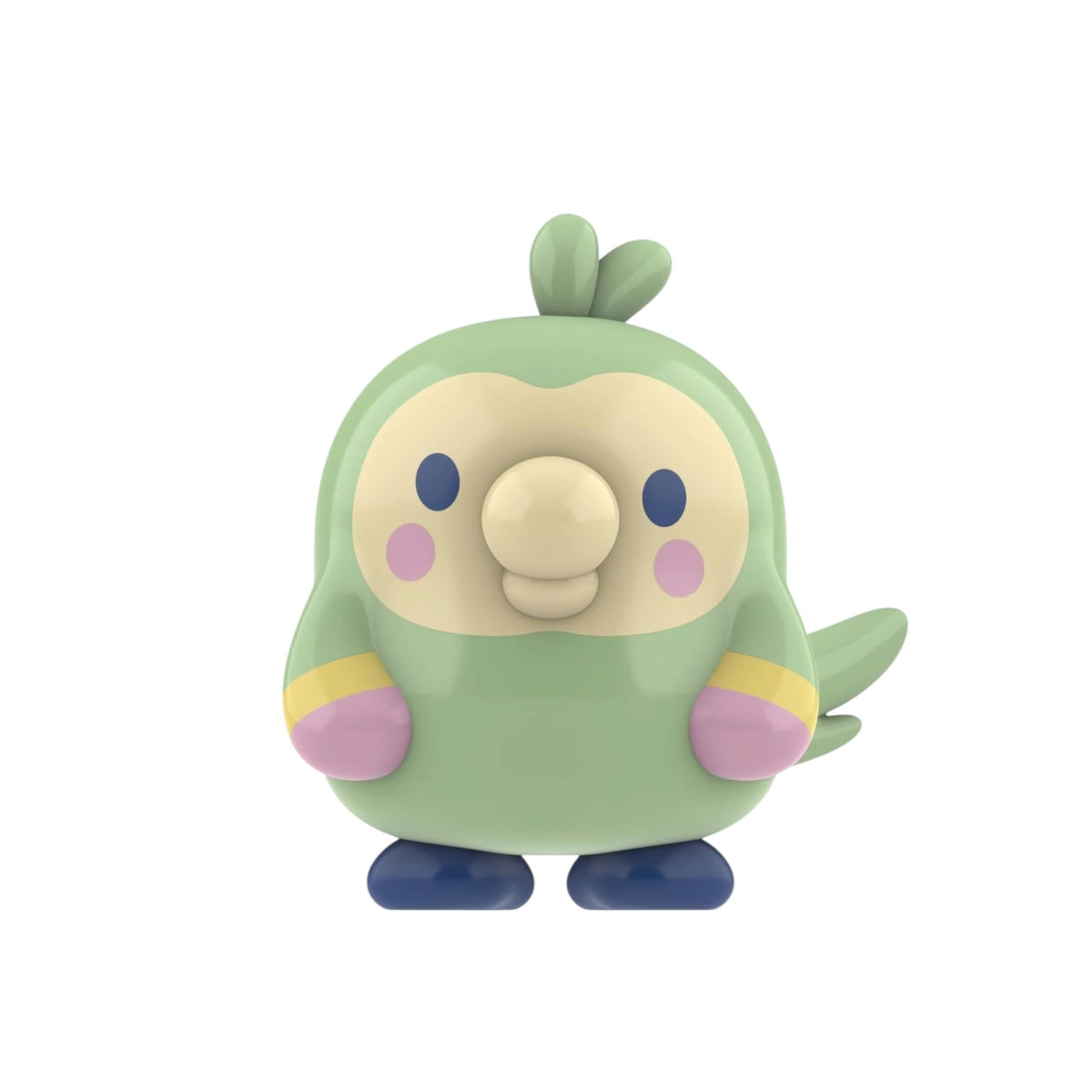 A cute, stylized bird-like toy figure in a light green color, featuring a cream-colored face, pink cheeks, yellow and pink hands, and blue feet, set against a solid white background.