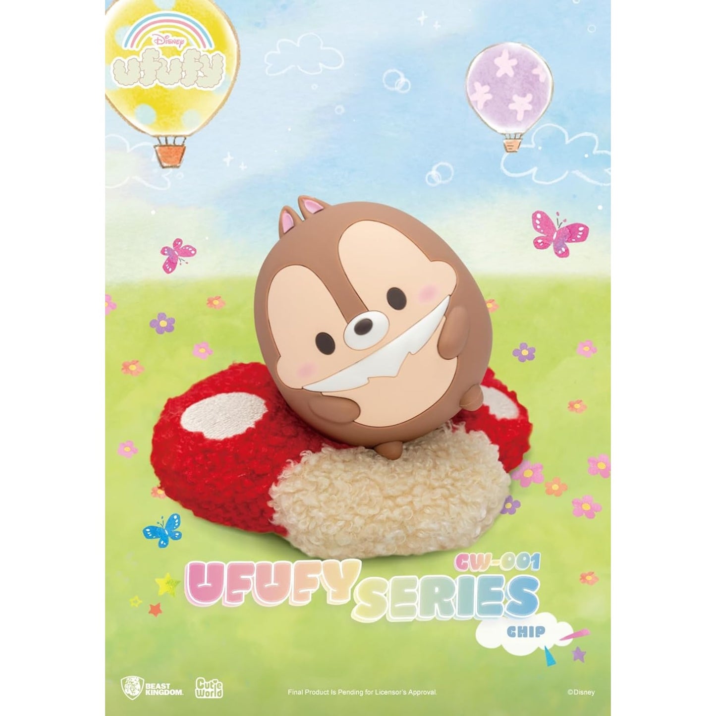 Chip Chipmunk Ufufy Figure laying on a mushroom shaped cusion red and beige.