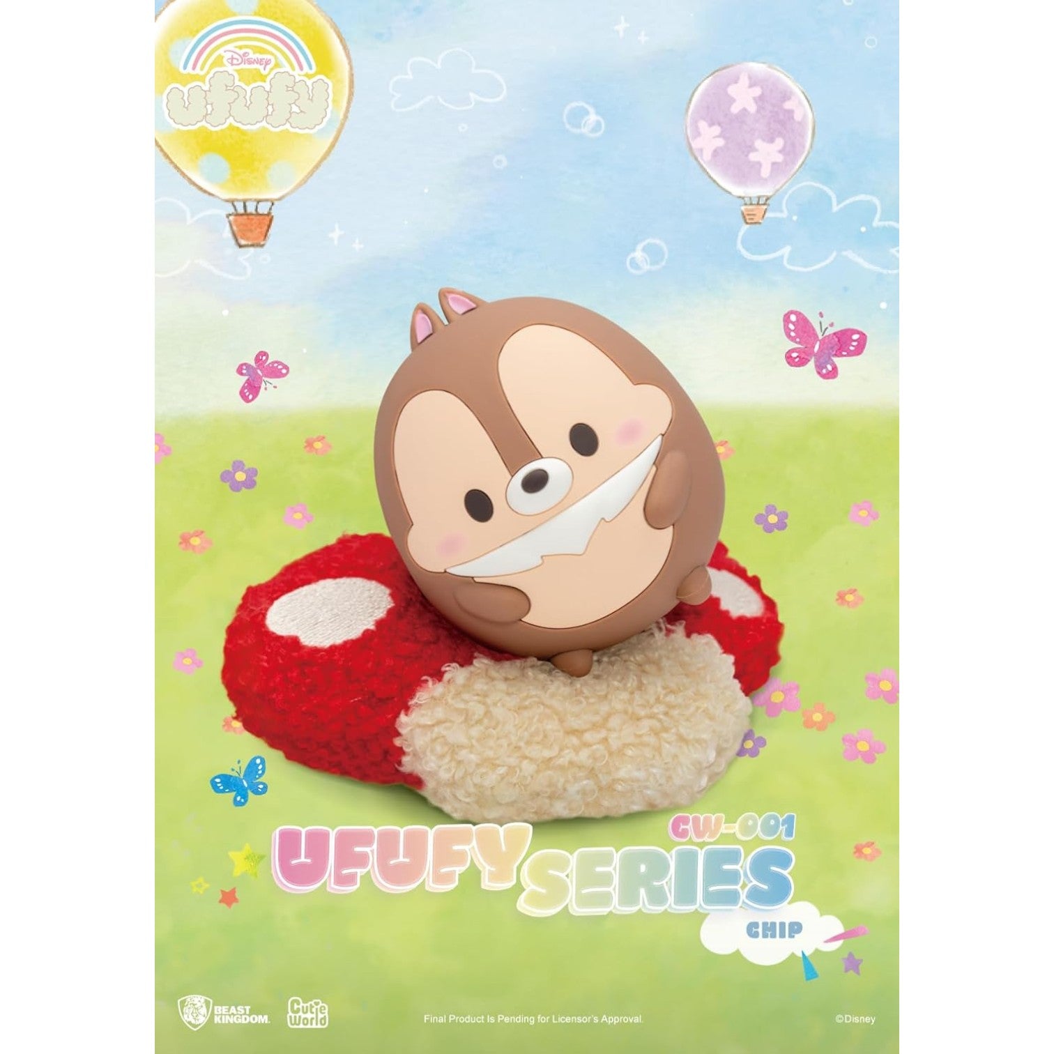 Chip Chipmunk Ufufy Figure laying on a mushroom shaped cusion red and beige.
