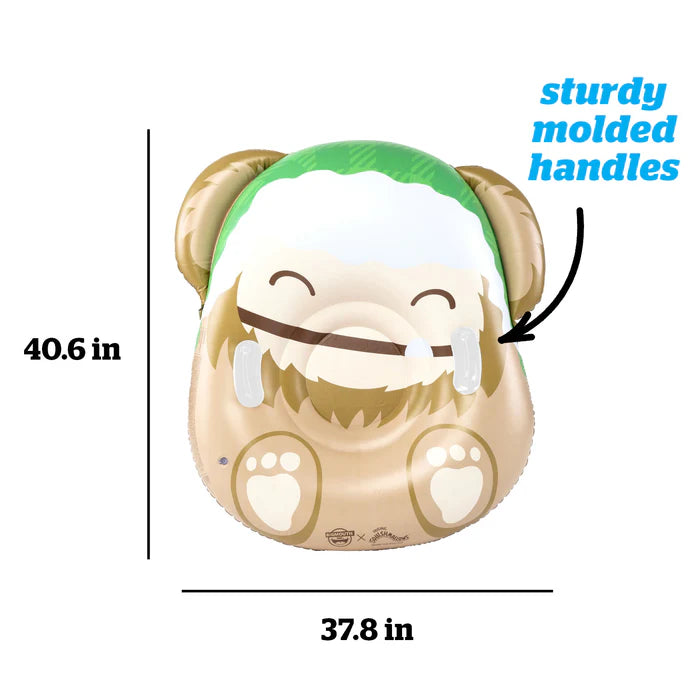 Squishmallows Benny Snow Tube with green top and white face, labeled 'sturdy molded handles' and measurements on a white background.