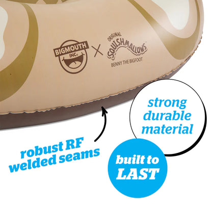 Close-up of a sandal sole with Bigmouth Inc. and Squishmallows branding, highlighting material quality.