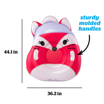 Inflatable fox-shaped pool float with measurements and text indicating 'sturdy molded handles'.