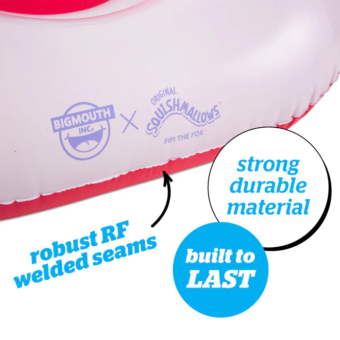 Inflatable pool toy with Bigmouth Inc. and Squishmallows branding, highlighting material quality and durability.