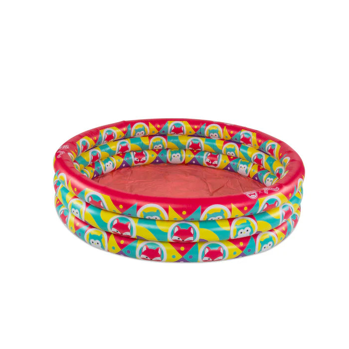 An inflatable three-ring kiddie pool with a red bottom, featuring a colorful all-over print of Squishmallows characters on the sides.