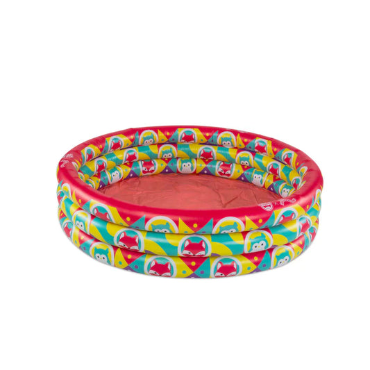 An inflatable three-ring kiddie pool with a red bottom, featuring a colorful all-over print of Squishmallows characters on the sides.