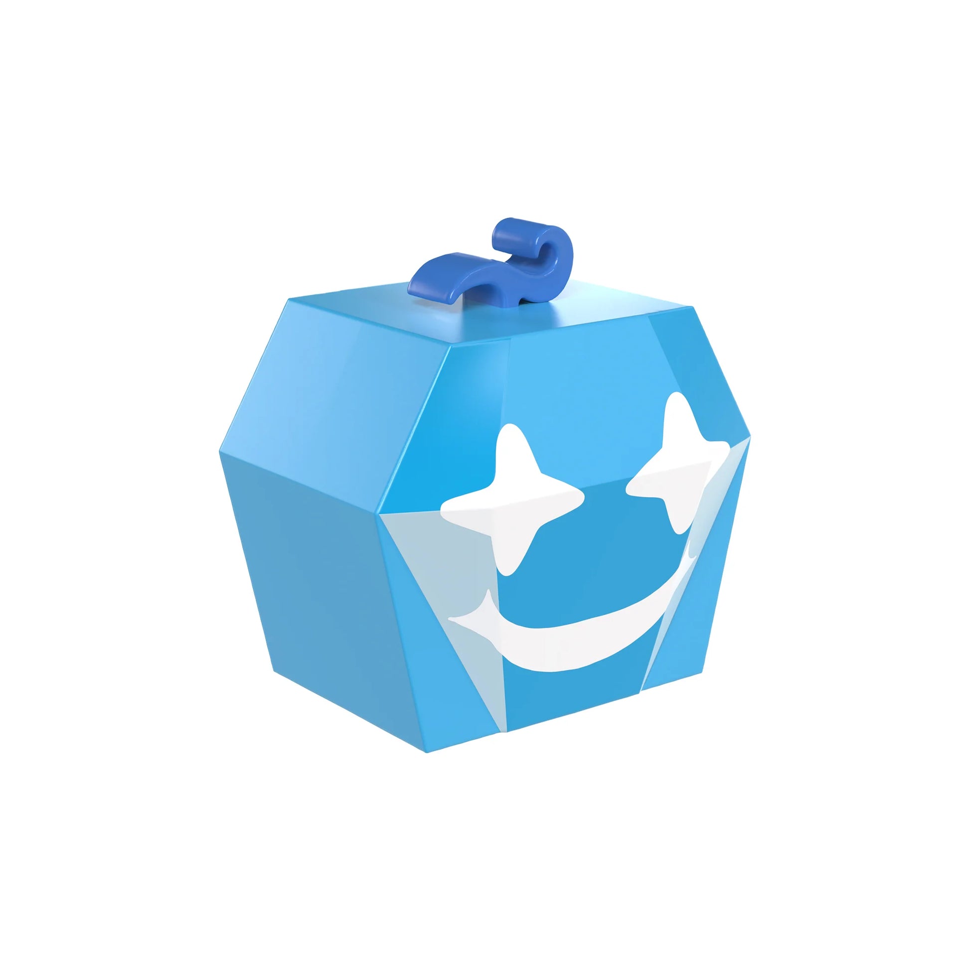 Blue geometric-shaped object with star designs on a white background