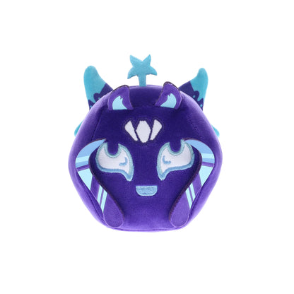 Purple plush toy with blue accents on a white background
