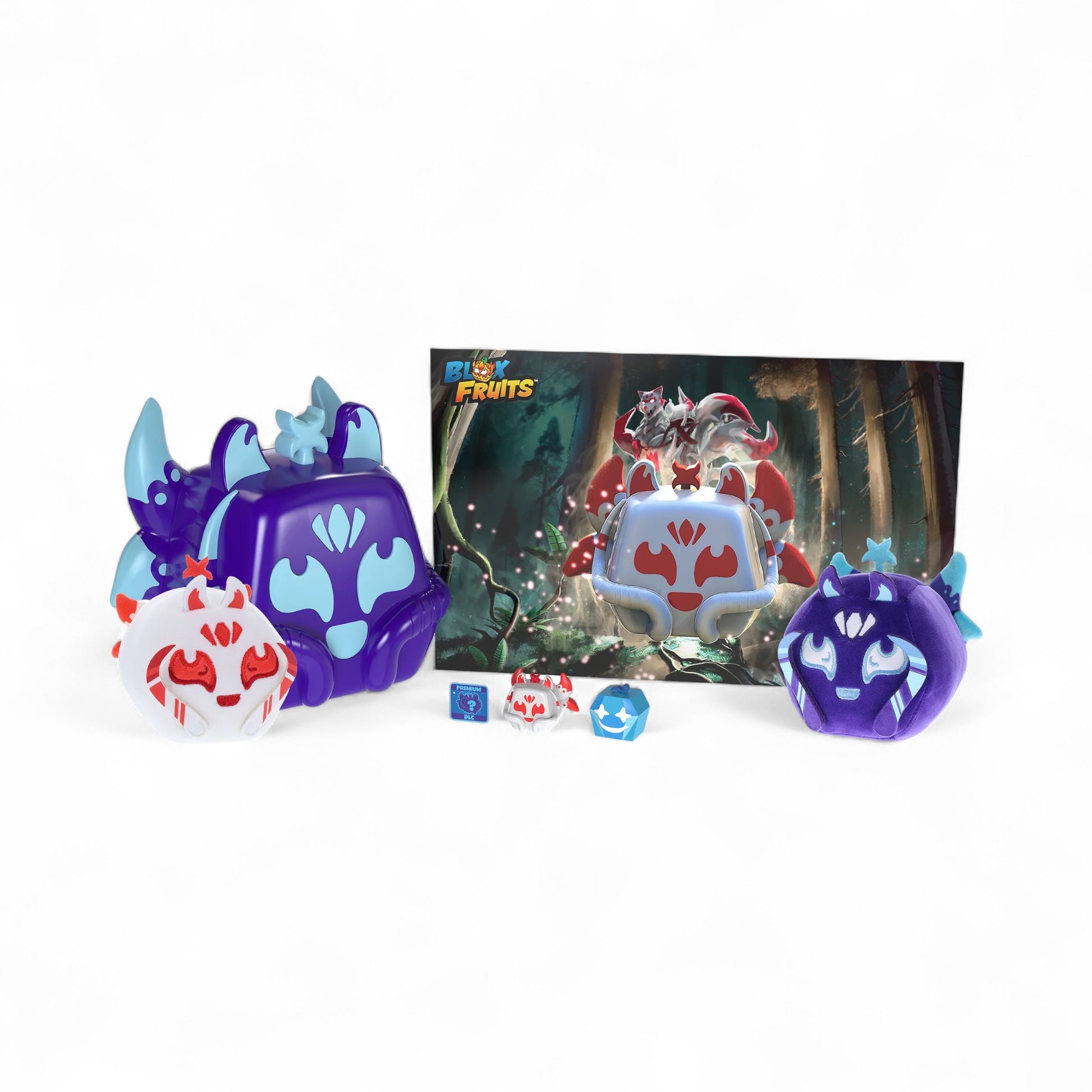 A group shot showing all 7 items in the official Blox Fruits Kitsune Collector Bundle by PhatMojo, including the container, two plush toys, two minifigures, and a poster.