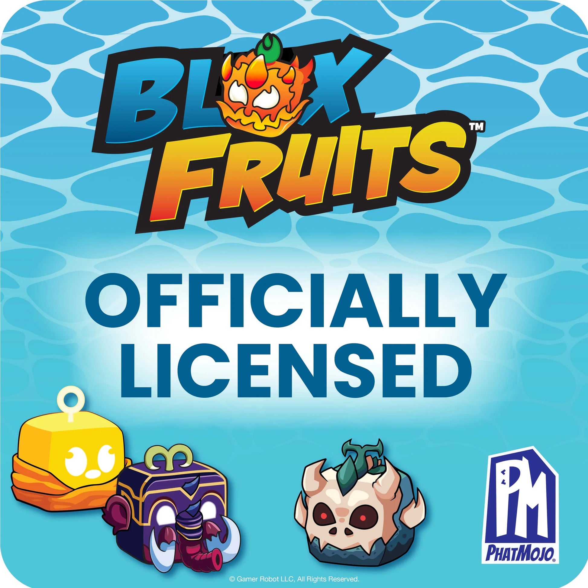 Promotional graphic for 'Blox Fruits' with cartoon characters and 'PhatMojo' logo on a blue background.