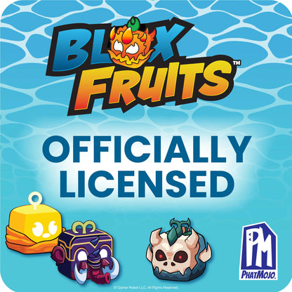 Promotional graphic for 'Blox Fruits' with cartoon characters and 'PhatMojo' logo on a blue background.