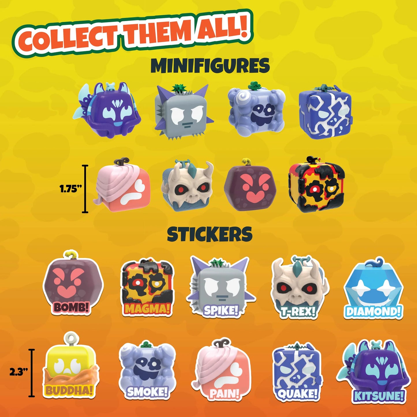 Promotional graphic for collectible minifigures and stickers with character illustrations on a yellow and orange background.