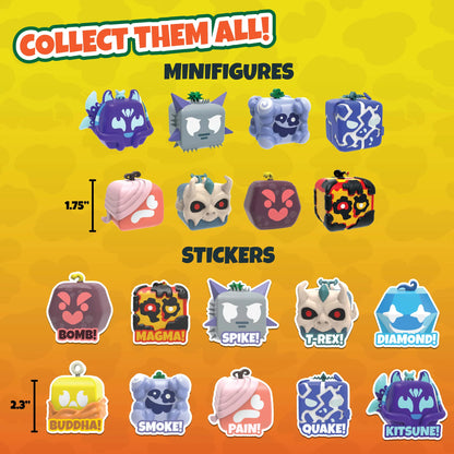 Promotional graphic for collectible minifigures and stickers with character illustrations on a yellow and orange background.