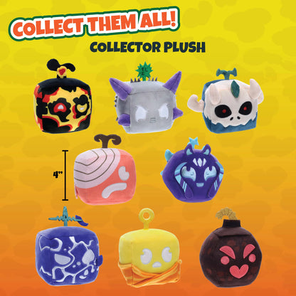 Collection of colorful plush toys with 'Collect Them All!' text on a gradient yellow and orange background.