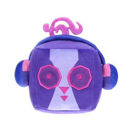 Purple and pink plush toy with a unique design on a white background