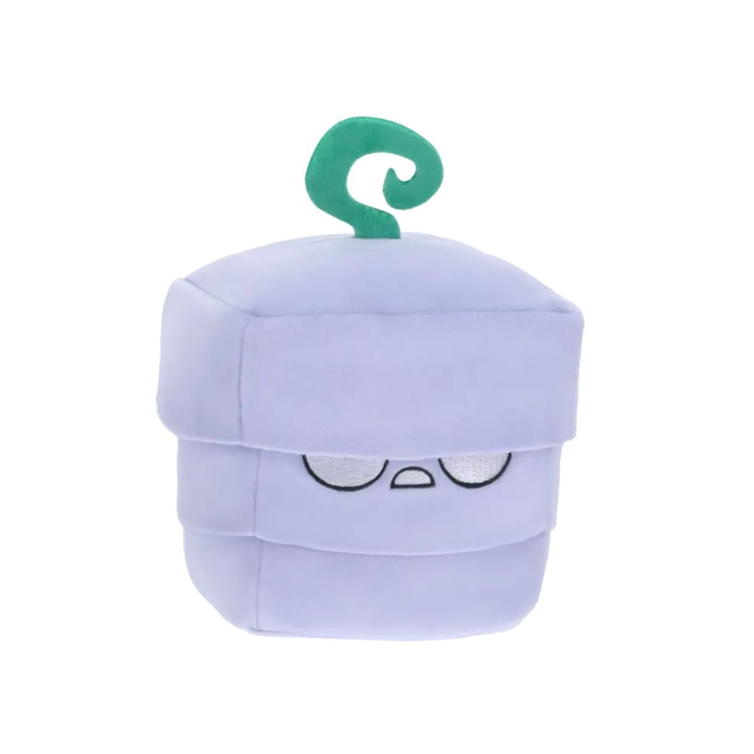 Purple plush toy with a green hook on a white background