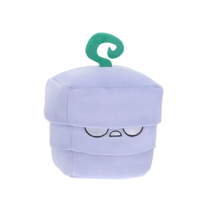 Purple plush toy with a green hook on a white background