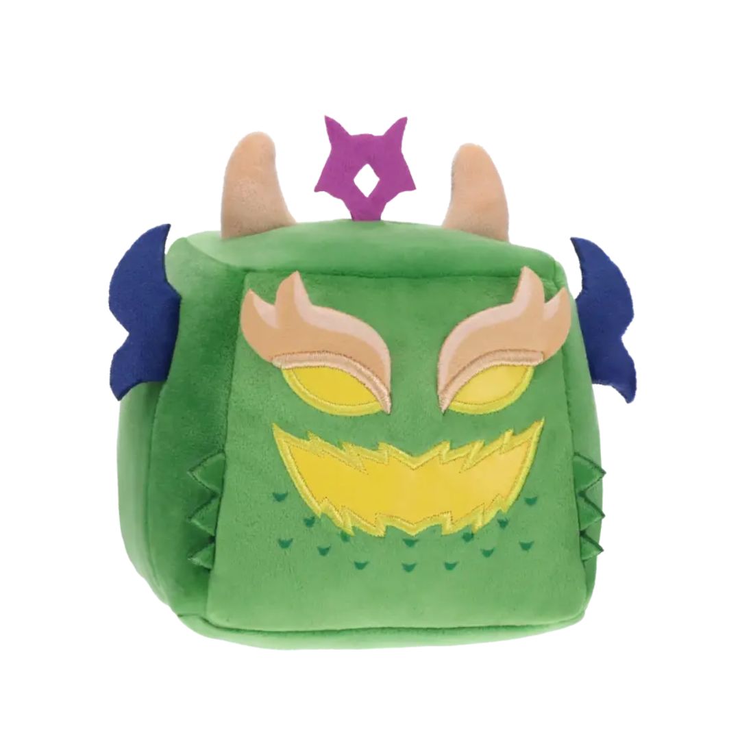 Green plush toy with a face design on a white background